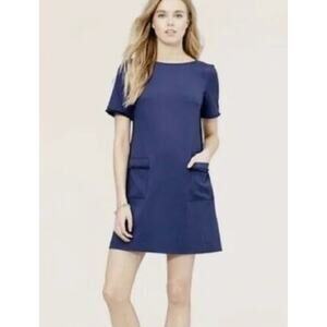 LOFT Shift Dress Short Sleeve Jewel Neck Fringe Relaxed Fit Front Pocket Size 2